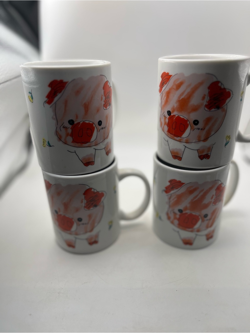 Source Unknown White Mug Set with Pink Pig Illustration - Set of 4